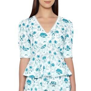 NEW VERANDAH deep neck peplum blouse in teal white elephants lions